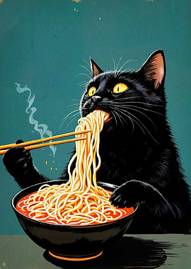 Cat Eating Ramen Noodles