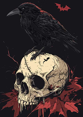 Raven Perched on Skull with Leaves