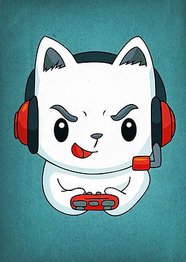 Cartoon Cat Gamer with Headset