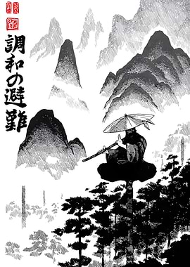 Monochrome Japanese Landscape with Musician