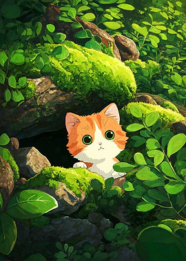 Cute Cat in Green Forest
