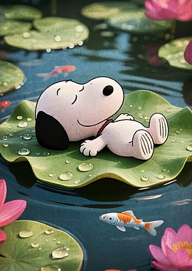 Snoopy Relaxing on Lily Pad