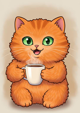 Cute Orange Cat with Coffee
