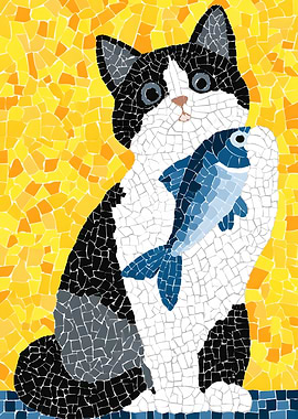 Mosaic Cat with Fish