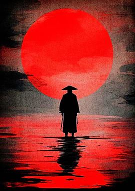 Samurai Silhouette Under Red Sun