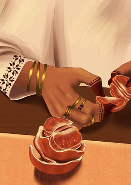 Hands Peeling Clementine with Gold Jewelry