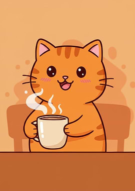 Cartoon Cat with Coffee
