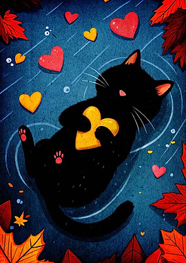 Black Cat with Heart in Autumn