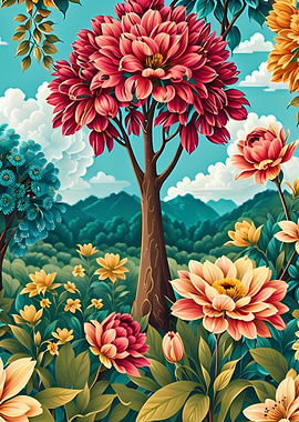 colorful yellow and red flowers with green leaves pattern, teal mountains and white clouds - Floral Landscape with Red Tree