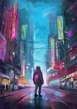 Cyberpunk Cityscape with Figure