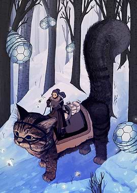 Girl riding a giant cat in winter