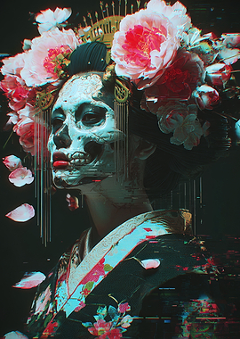 Floral Skull Geisha Digital Art