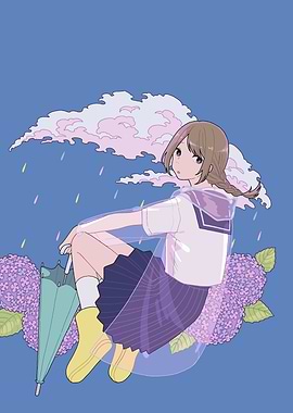 Anime Girl in Rain with Hydrangeas