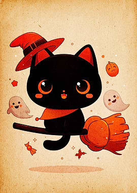 Cute Halloween Black Cat Witch