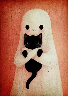 Ghost Hugging Black Cat Illustration