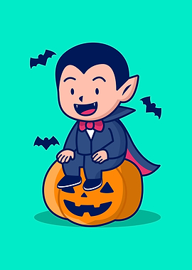 Dracula Vampire Sitting on Pumpkin Cartoon