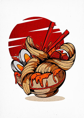Stylized Ramen Bowl with Red Sun