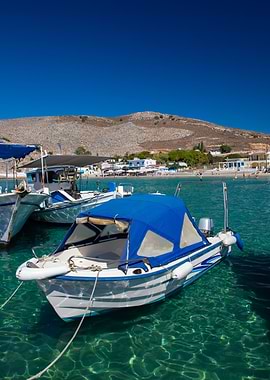 Boats in Turquoise Water, Greek Island