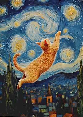 Cat in Starry Night Style Painting