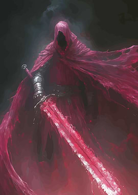 Red Hooded Figure with Glowing Sword