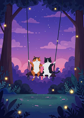 Cats on a Swing at Night