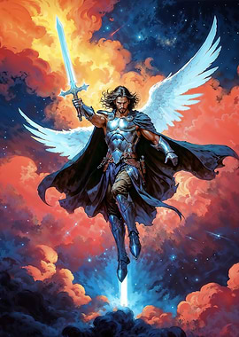 Winged Archangel Michael The Warrior with Sword in Clouds