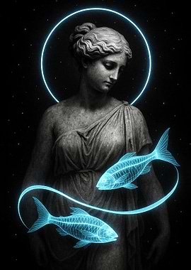 Pisces Zodiac Statue with Neon Fish
