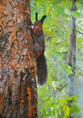 Squirrel on Tree Trunk Painting