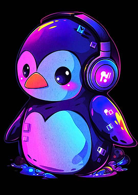 Neon Penguin with Headphones