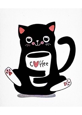 Cute Black Cat with Coffee Cup
