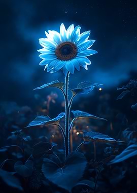 A single glowing sunflower blooming under moonlight