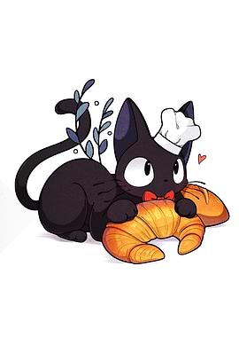Cute Black Cat Baker with Croissant