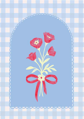 Vintage Floral Bouquet with Ribbon on Blue