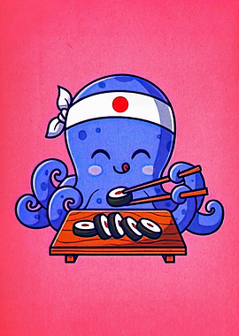 Cute Octopus Sushi Chef Illustration