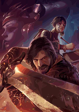 Fantasy Warrior with Sword and Companions