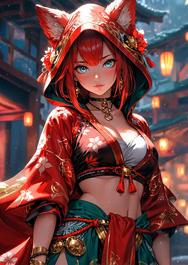 Anime Girl with Fox Ears in Kimono