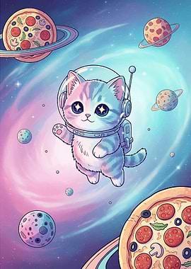Astronaut Cat in Pizza Planet Galaxy