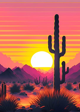 vibrant Sunset Desert Landscape with saguaro Cacti - cactus graphic