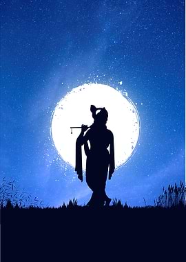 Krishna Silhouette Under Moonlight