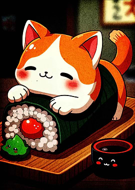 Cute Cat Sushi Roll Illustration