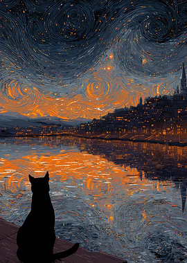 Cat gazing at starry night city