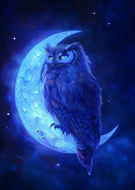 A mystical owl perched on a glowing crescent moon
