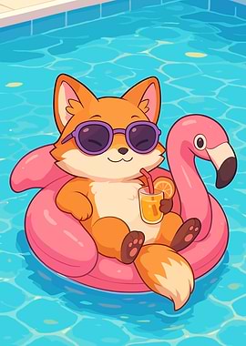 Fox Relaxing on Flamingo Float