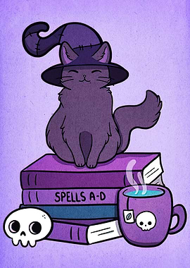 Witch Cat with Spells and Tea