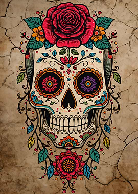 Colorful Sugar Skull with Floral Accents