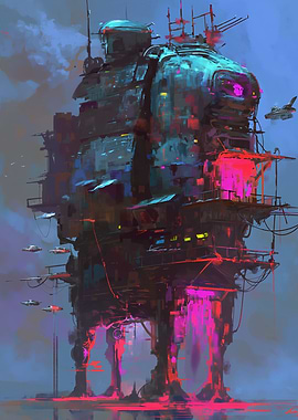 Cyberpunk Walker Cityscape Digital Art