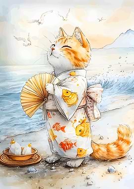 Cat in Kimono at the Beach