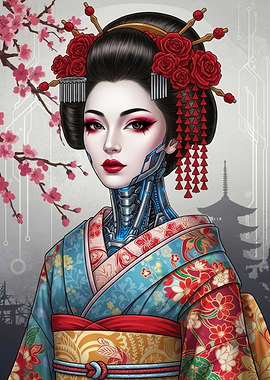 Cyberpunk Geisha with Cherry Blossoms