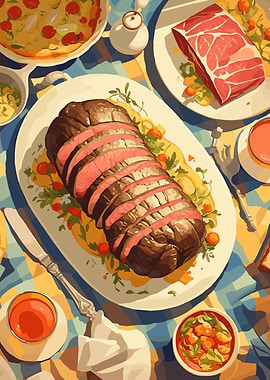 Delicious Meat Feast on Checkered Tablecloth
