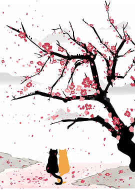 Cats under Cherry Blossom Tree